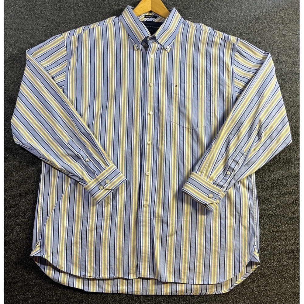 Tommy Hilfiger Mens XL Striped Button Down‎ Shirt Blue Yellow 80s 2-Ply Fabric